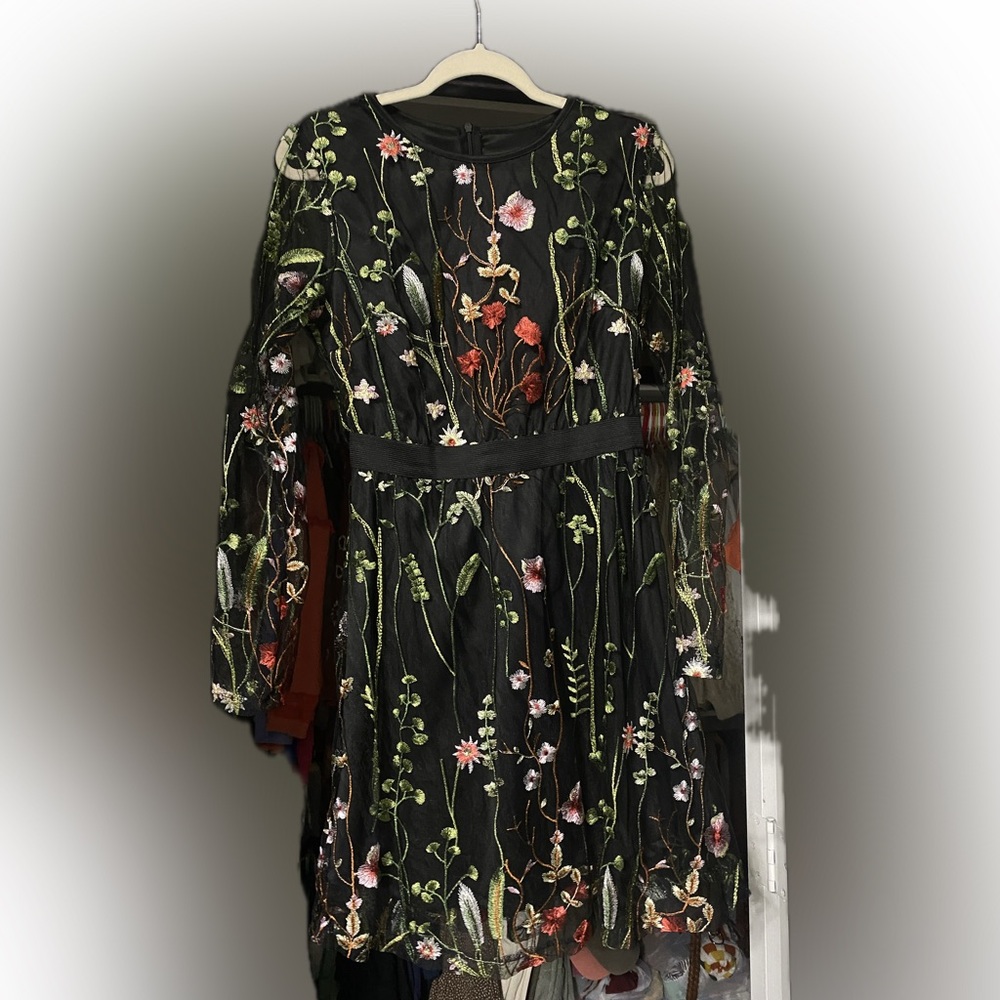 Black Mini Sheath Dress with Bell Sleeves and Crew Neck